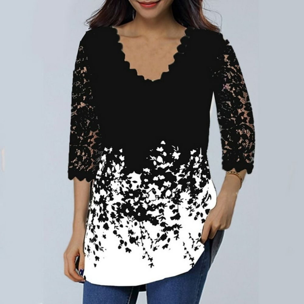 Women's NWOT Black Floral Lace 3/4 Sleeve V-Neck Tunic Top Size 3XL 🐈 - Picture 1 of 9